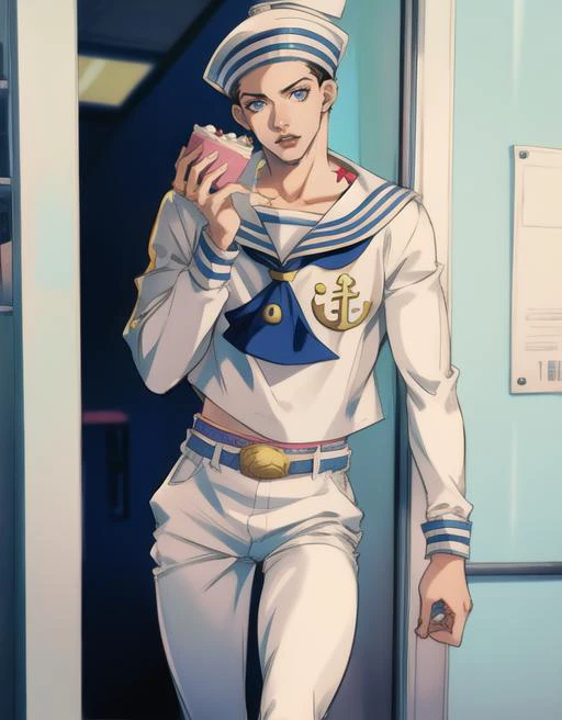 holding a cake slice, solo, tooth gap, masterpiece, best quality, 1boy, 19 years old, gappyjojo, full body, hat, looking at viewer, solo, detailed background, detailed face, sailor, bright lighting, male focus, amazing, belt, pants, anime, araki hirohiko (style):0.68, sneakers, shoes, star (symbol), birthmark,
<lora:gappy:0.89>