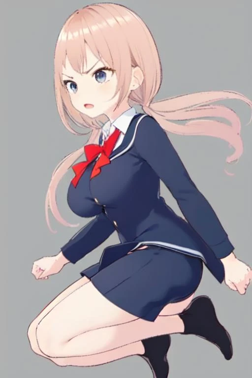 1girl,solo,white background, simple background, full body,pink hair,twintails, jumping, long hair,angry,closed mouth, frown,long hair,school uniform, large breasts,