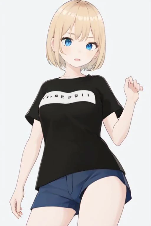 1girl,solo,blonde hair,t-shirt,shorts,white background, simple background, pov