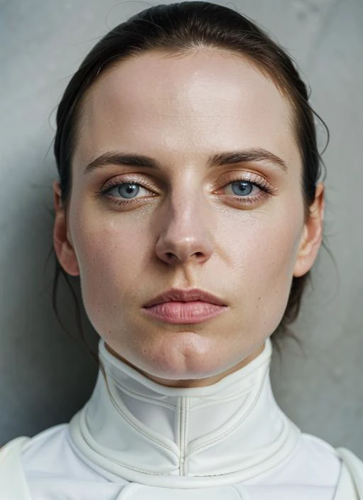 A stunning intricate color close up portrait of (sks woman:1) , wearing white turtleneck, epic character composition, sharp focus, natural lighting, subsurface scattering, f2, 35mm, film grain, , by Annie Leibovitz, <lora:lora-small-antje-traue-v1:1>