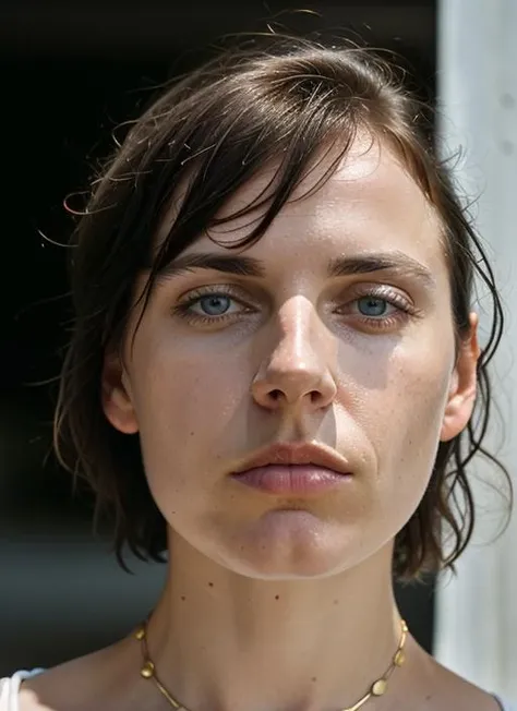 A stunning intricate color close up portrait of (sks woman:1) , wearing choker, epic character composition, sharp focus, natural lighting, subsurface scattering, f2, 35mm, film grain, , by William Eggleston, <lora:lora-small-antje-traue-v1:1>