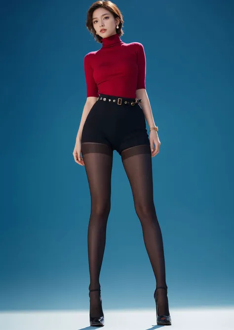 (masterpiece, realistic:1.3), (extremely intricate:1.2), (photorealistic:1.4), (extremely delicate), (ultra realistic:1.3), (full body shot:1.2), (modelshoot style), hyperrealistic photography, extremely detailed CG unity 8k wallpaper, UHD, HDR, RAW photo, dslr, hyperrealistic 3d render, realistic LUT, cinematic LUT,
1 woman, 22yo, looking at viewer, (body from below:1.2), , scenic view, shot on a Sony A7 camera, using 70-200mm lens in the style of (Guy Bourdin:1.3), beautiful winsome,(simple background:1.4),
pantyhose and (turtleneck:1.4),
(high detailed simple short curl hair, thighhighs, exquisite stud earrings, lace choker, skinny:1.3, hourglass body, huge breasts:1.4, narrow waist:1.1, high heels),