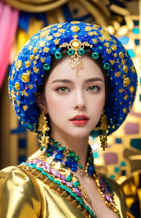 (best quality, detailed, masterpiece, vibrant, colorful, realistic, photo, 8k, 4k, dslr quality, photorealistic, Hasselblad  35mm/F1.2 photo of a woman,cinematic photorealistic, 8k uhd natural lighting, raw, rich, intricate details, key visual, A girl in Futuristic beautiful photogenic attractive young supermodel painted in Gustav Klimt style glamorous beautiful colourful dreamy awesome elegant elaborate complex detailed awesome gold blue pink green orange peridot lilac yellow magenta cyan gold silver copper fabulous 8k intricate brush work vivid bright vibrant colors 3d gold trim metallic 24k gold filigree background mosaic awesome rich haute couture bambi eyes ultimate beauty sheen 8k glamorous filigree mosaic pearlized amazing elegant elaborate couture elaborate hair style contrast frosty brushed matte luminous gold yellow background vibrant pink silver green 8k 24k gold trim gold background asymetrical beautiful awesome superb 8k sheen 3d Klimt vibrant colors large eyes gorgeous beautiful colourful delicate facial features beautiful superb 24k gold highlights 8k mosaic pearlized gold background 3d bright colors gold trim awesome beautiful opulent elegant bold vivid colors 8k in focus