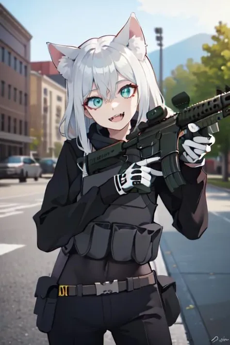 masterpiece, solo, half body, 1girl, pfanti, grey hair, animal ears, wolf girl, military, black gloves, tactical gear, m4 carbine, holding gun, dynamic pose, aiming, detailed background, outdoors, smiling, looking at viewer, open mouth, fangs, <lora:pfantilorav1:0.6>, <lora:m4_carbine:0.8>