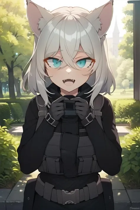 masterpiece, solo, 1girl, pfanti, grey hair, animal ears, wolf girl, military, black gloves, tactical gear, detailed background, outdoors, looking at viewer, fangs, <lora:pfantilorav1:0.8>