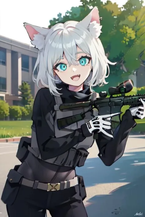 masterpiece, solo, half body, 1girl, pfanti, grey hair, animal ears, wolf girl, military, black gloves, tactical gear, m4 carbine, holding gun, dynamic pose, aiming, detailed background, outdoors, smiling, looking at viewer, open mouth, fangs, <lora:pfantilorav1:0.8>, <lora:m4_carbine:0.8>