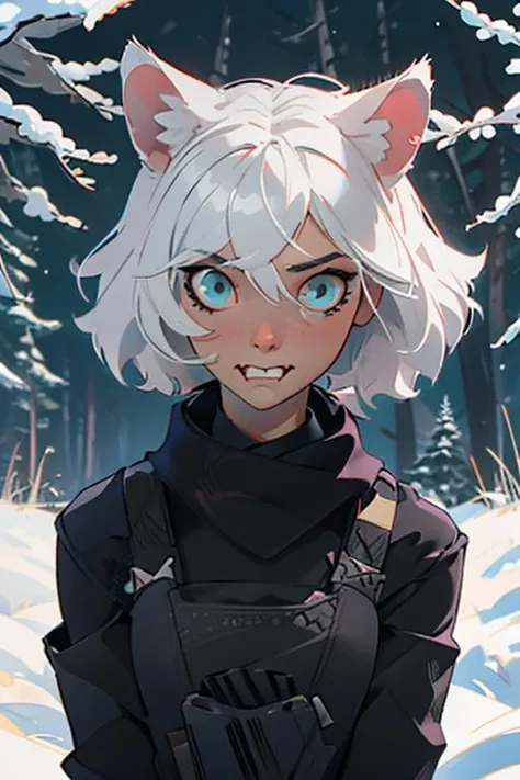 masterpiece, solo, half body, 1girl, pfanti, grey hair, animal ears, wolf girl, military, black gloves, tactical gear, detailed background, outdoors, looking at viewer, fangs, <lora:pfantilorav1:0.7>