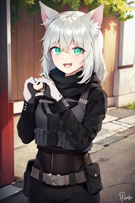 masterpiece, solo, half body, 1girl, pfanti, grey hair, animal ears, wolf girl, military, black gloves, tactical gear, heart hands, detailed background, outdoors, smiling, looking at viewer, open mouth, fangs, <lora:pfantilorav1:0.8>