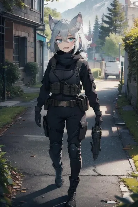 masterpiece, solo, full body, 1girl, pfanti, grey hair, animal ears, wolf girl, military, black gloves, tactical gear, detailed background, outdoors, looking at viewer, fangs, <lora:pfantilorav1:0.65>