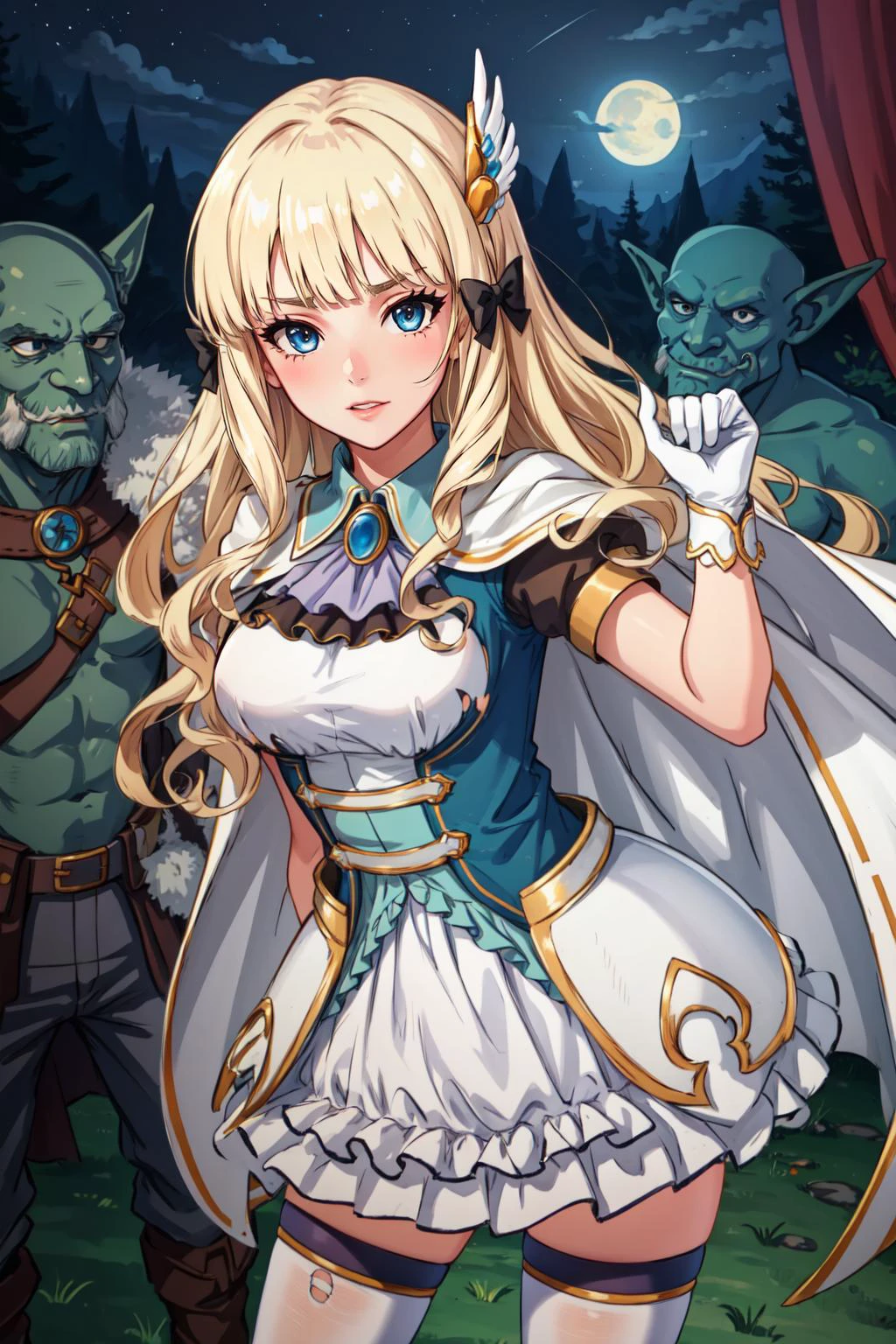 (masterpiece, best quality), intricate details,
1girl, <lora:saren_v1:0.8> aasaren, long hair, blonde hair, hair bow, black bow, hair ornament, blunt bangs, pointy ears, large breasts, brooch, white cape, aqua dress, underbust, short sleeves, white gloves, white skirt, frilled skirt, white thighhighs,
<lora:goblin gangbang :0.8> goblin gangbang,multiple boys, goblins,
torn clothes, scared, blood, night, dark,