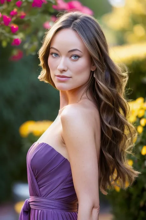 sfw full body shot portrait of oliviawilde wearing a purple dress outside, flower garden, looking at viewer, slim, petite, long hair, photorealistic, photo, masterpiece, realistic, realism, photorealism, high contrast, photorealistic digital art, 8k HD high definition detailed realistic, detailed, skin texture, hyper detailed, realistic skin texture, best quality, ultra high res, (photorealistic:1.4), high resolution, detailed, raw photo, sharp, taken with hasselblad camera, bokeh, rich colors, hyper realistic lifelike texture, soft lighting