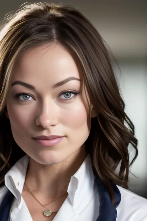 best quality, 4k, 8k, ultra highres, raw photo in hdr, sharp focus, intricate texture, skin imperfections, photograph of young olivia wilde <lora:olivia-wilde_v0.1:0.7>, doctor thirteen, beautiful, young, girl, model, brunette hair, white coat, (red) top, hospital, face, head, upper body, (smile:0.3), intricate details, (lipstick:0.9), closed mouth, makeup