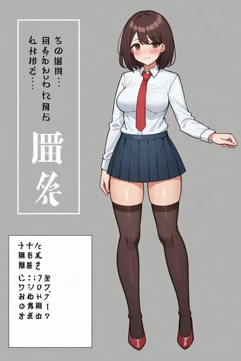 1girl,blush,breasts,detailed ,full body, medium hair,necktie,navel,skirt,solo,thighs,stockings,((on a white background)),full body,standing,