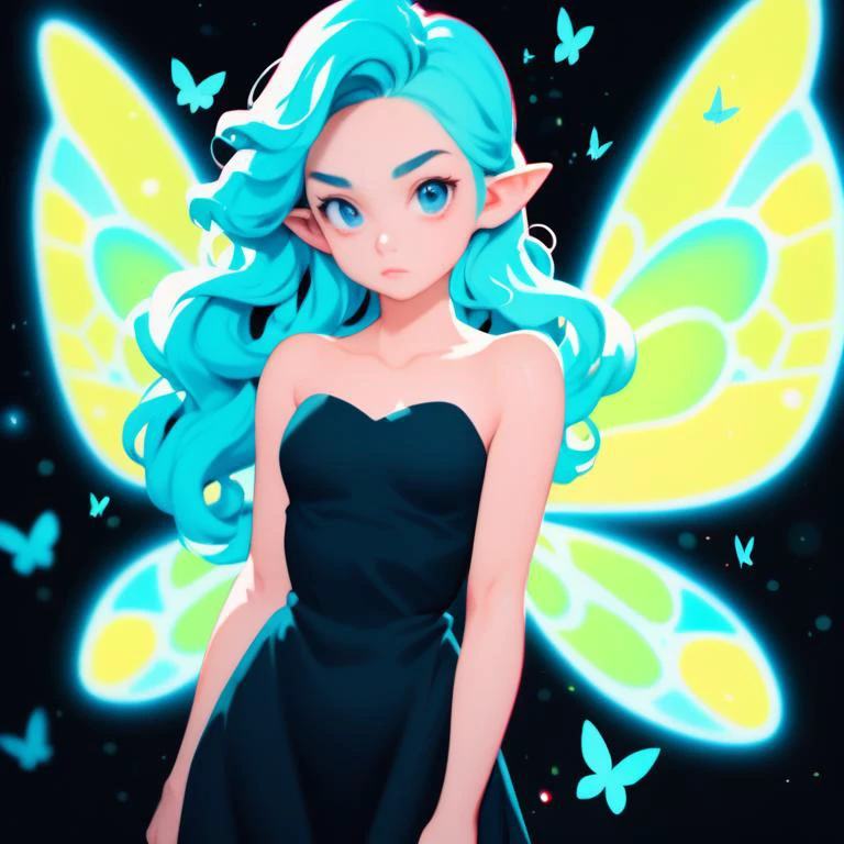 1girl,solo,long hair,breasts,looking at viewer,blue eyes,simple background,dress,bare shoulders,closed mouth,blue hair,standing,collarbone,ponytail,multicolored hair,cowboy shot,wings,pointy ears,artist name,medium hair,chibi,black dress,two-tone hair,streaked hair,grey eyes,bare arms,strapless,aqua hair,glowing,colored skin,wavy hair,expressionless,short dress,thick eyebrows,black background,strapless dress,light particles,clenched hands,cropped legs,green dress,antennae,arms at sides,fairy wings,chromatic aberration,fairy,butterfly wings anime,niji <lora:Darkseal_Niji_AutismConfetti_XL-005:.8>,<lora:Darkseal_Nurzhan_PonyXL-02:.8>
