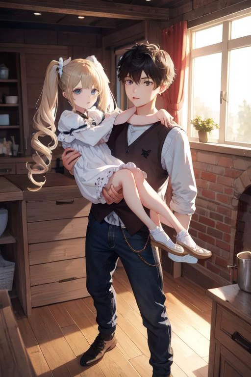 1girl, 1boy, princess carry, full body, <lora:princess_carry_v0.1:1> , masterpiece, best quality, highly detailed, <lora:unexptits_v15:0>, cowboy shot, adorable short 25 year old girl, pigtails