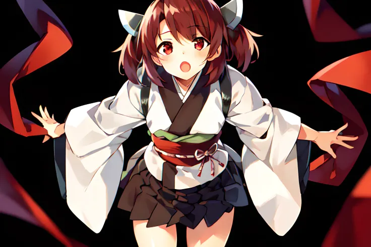 extremely delicate and beautiful, amazing,(Depth of field:1.2), 1girl,  t_kiritan, brown short hair, twintails, ahoge, red eyes, japanese clothes, pleated skirt, 11yo, spread both hands, standing,  <lora:touhoku_kiritan_f02_AC:0.7>