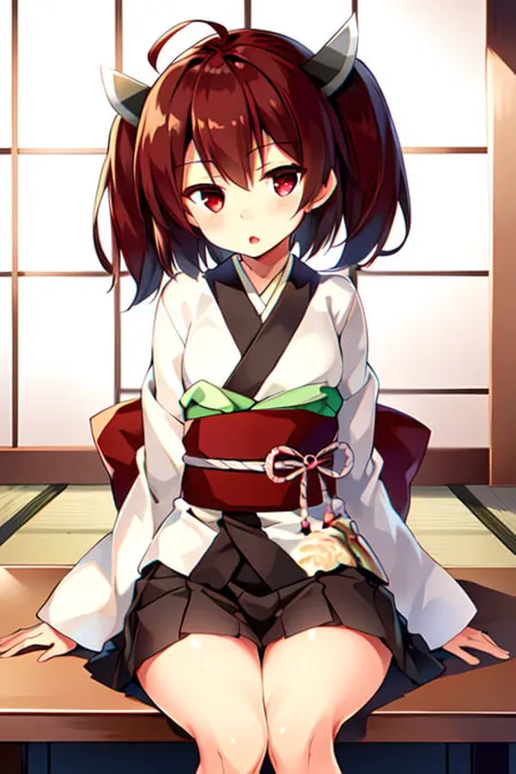 extremely delicate and beautiful, amazing,(Depth of field:1.2), 1girl, t_kiritan, short hair, twintails, ahoge, red eyes, japanese clothes, pleated skirt, 11yo, portrait,   <lora:touhoku_kiritan_f02_AC:0.7>