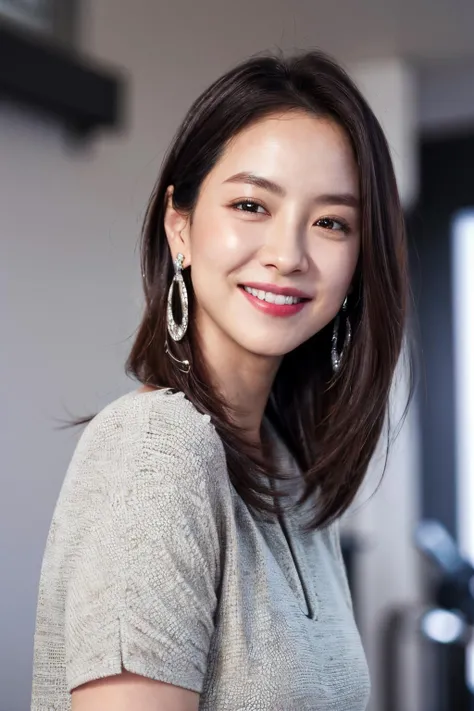 a woman, jihyo, jihyo \(runningman\), smile, upper body, looking at viewer, dress, earrings,
indoors, depth of field,
masterpiece, high quality, absurdres, realistic,