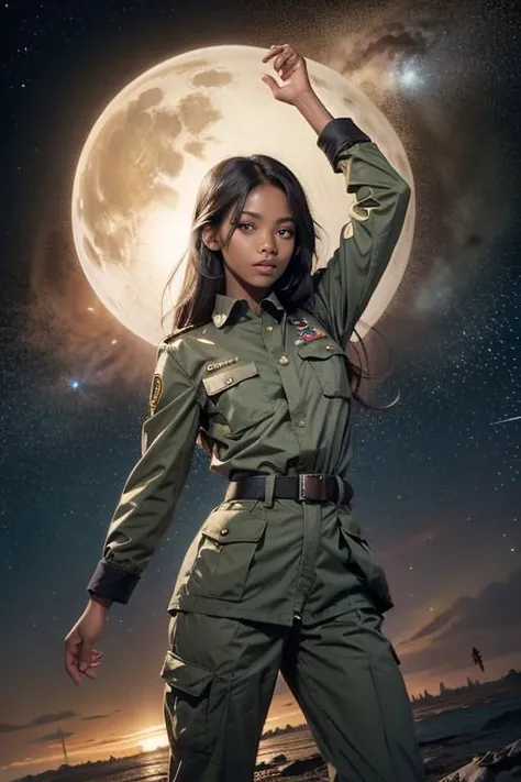 1girl, dark skin, military uniform, battle hill, galaxy