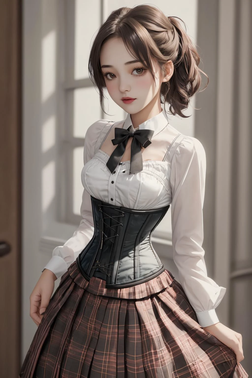 1girl, <lora:Corset Plaid Skirt By Stable Yogi:0.6>, corset, plaid skirt
