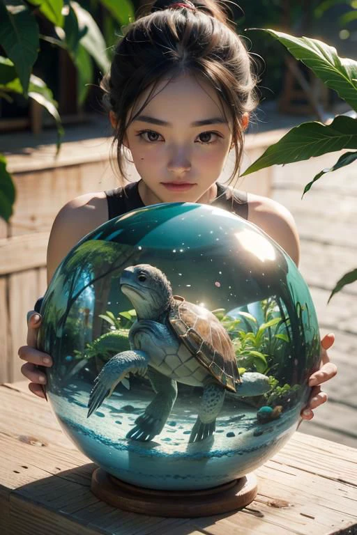 1girl holding crystal ball aquarium, turtle, vibrant green,