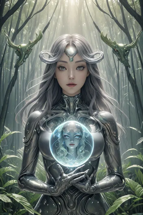 Grey alien, exhibiting snake skin texture with varied hues, integrates cyborg neck features, oversized engaging eyes reflecting a mirrored hologram, stands amidst a forest swamp with holographic nuances, dons an iron Venetian mask with Maori filigree accents, abstract cubic formations populate the sky, Art Nouveau and Dali-inspired chrome spheres scatter around, capturing the dynamic environment, digital painting, advanced lighting techniques evoke luminism, captured in an ultra high-resolution 32k image, showcasing