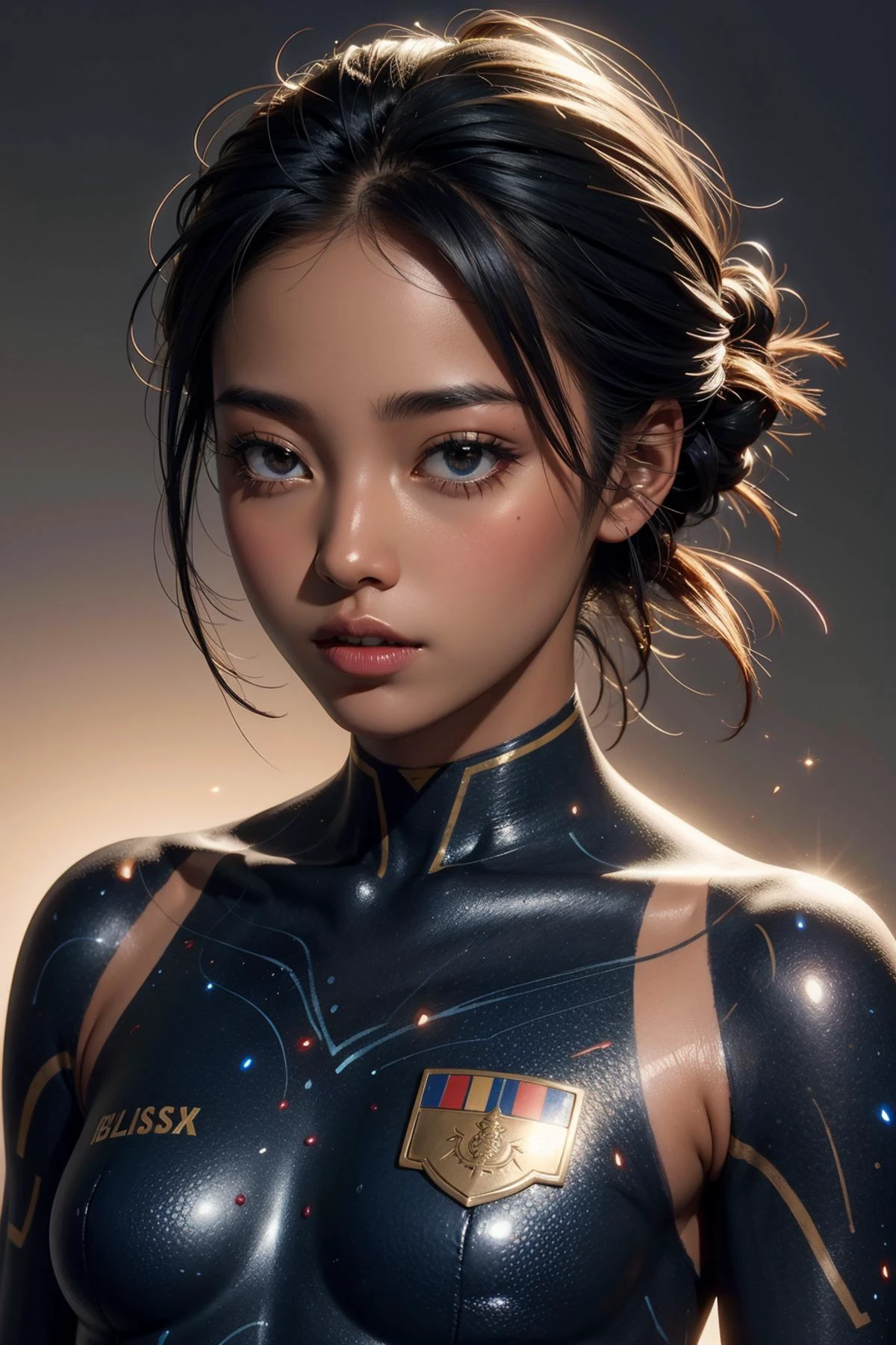 1girl, <lora:uniformsbodypaintv4-05:0.6>, uniformsbodypaint, dark skin, military uniform, battle hill, galaxy
