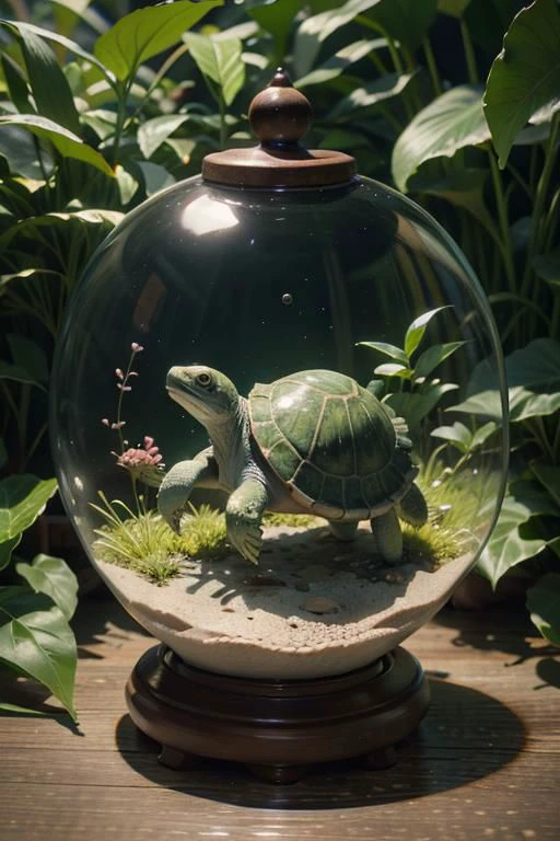 turtle, vibrant green, cute turtle, 1girl holding crystal ball aquarium background