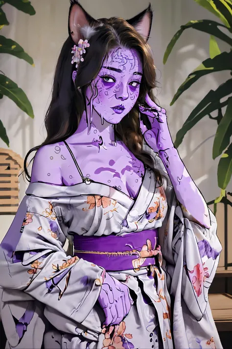 <lora:Kimono Floral Dress By Stable Yogi:0.8> floral print kimono off shoulder, <lora:grime_lora:0.8>, purple skin, cat girl