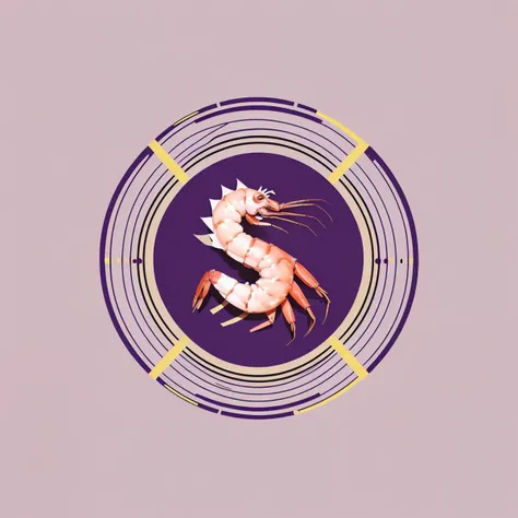 shrimp logo, simple pop-art colour purple red and gold, symetric line, straight line vector,