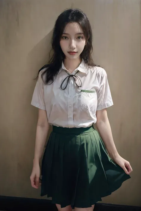 A dashing collected professional beauty young woman wearing Suzume Iwato clothing, (1girl, solo, one people, one person, alone, standing straight, arms at side), best quality, ((masterpiece)), (photorealistic:1.4), photorealism, photography, hyperrealistic, hyperdetailed, lots of details, extremely amazing finely detail, (((full body:1.7, medium breast:1.8, slender body:1.3, body height 150 cm, body weight 40 Kg, realistic body, realistic face, realistic arms, realistic feet, 18 years old))), perfect body, perfect face, detailed body, detailed face, detailed finger, realistic hand and finger, extremely delicate beautiful, most beautiful woman, beautiful face, looking at viewer, lustful woman, arroused, seduced, flirty, orgasm face, horny, seductive expression, seductive pose, sexy hot pose, dynamic pose, hot dynamic pose, cute, virgin, photobooth, photo studio, inside photo studio, ((simple elegant black wall background, luxury black wall background)), (nikon RAW photo, 8K, Fujifilm XT3, HDR10+, high-res, depth of field, huge filesize), shoot by professional, studio lighting, professional tuned lighting, full shot, indoor, perfection, best of the best, best quality, professional model, fine tuned, <lora:suzume iwato_20230924164329:0.8> suzume iwato,green skirt