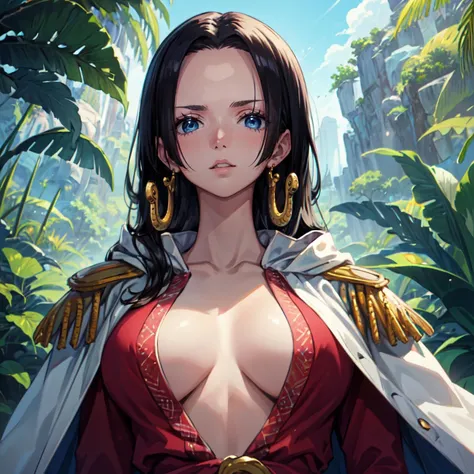 masterpiece, best quality, <lora:BoaHancock-000044:1>, boa1, 1girl, solo, blue eyes, black hair, long hair, earrings, close-up, epaulettes, cape, outdoors, jungle, scenery