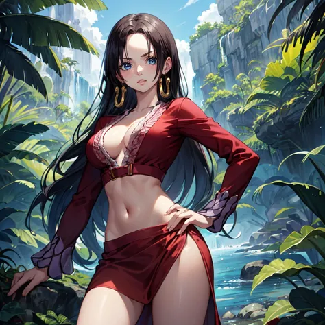 masterpiece, best quality, <lora:BoaHancock-000044:1>, boa1, 1girl, solo, blue eyes, black hair, long hair, earrings, crop top, long sleeves, skirt, cleavage, navel, side slit, hand on hip, outdoors, jungle, scenery