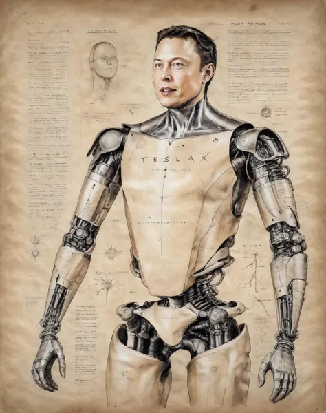 ink illustration on parchment of technical rendering Elon Musk face on a cyborg teslabot, elon musk face, technical descriptions, full body shot, ink, <lora:ParchartXL-1.5:0.8> <lora:teslabot:0.8>