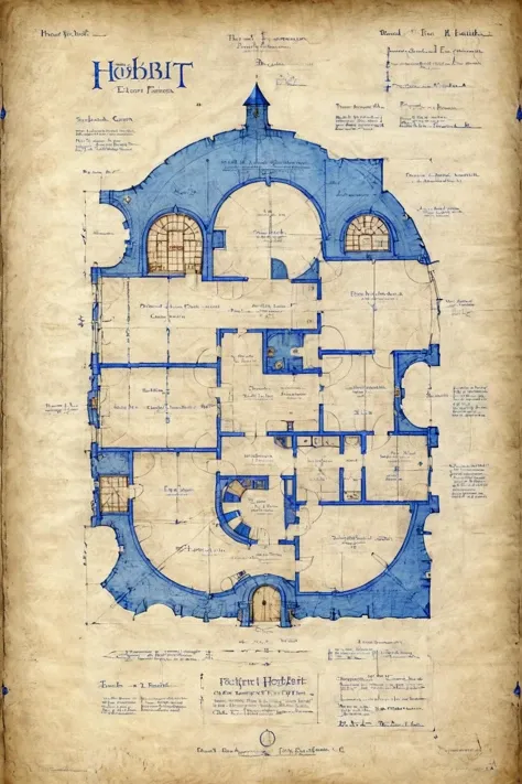 <lora:ParchartXL-1.5:1>,ON PARCHMENT,INK ILLUSTRATION, bl3uprint,<lora:bl3uprint:1>,
A blueprint drawn on parchment detailing the building features of a hobbit,