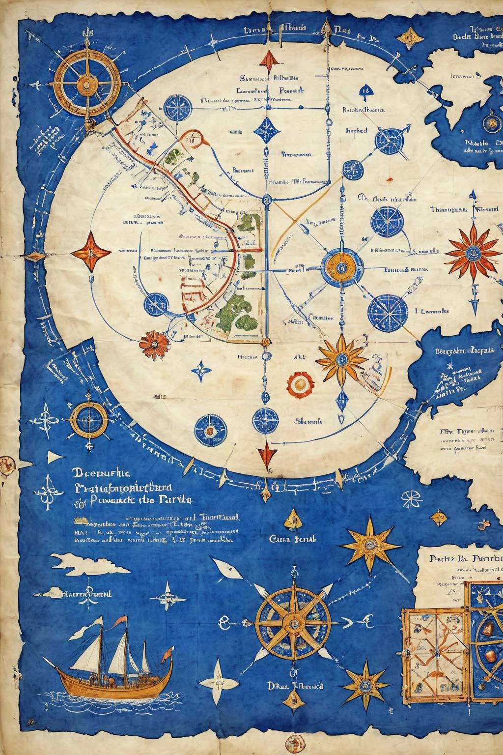 <lora:ParchartXL-1.5:1>,ON PARCHMENT,INK ILLUSTRATION,bl3uprint,<lora:bl3uprint:1>,
A blueprint for a trip around the world,marked with arrows in detail the route and the means of transportation to be used,and accompanied by introductory pictures and text of some key areas,detailed and exquisite,painted on exquisite parchment,decorated with magic runes,flower patterns,grid lines,