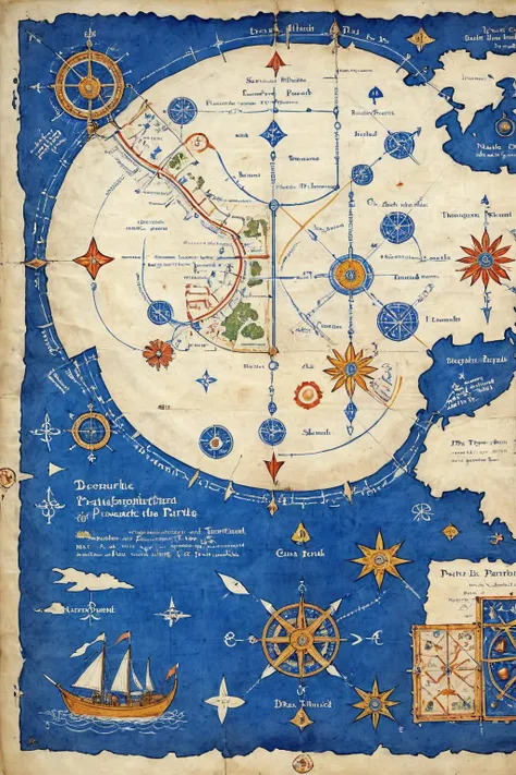 <lora:ParchartXL-1.5:1>,ON PARCHMENT,INK ILLUSTRATION,bl3uprint,<lora:bl3uprint:1>,
A blueprint for a trip around the world,marked with arrows in detail the route and the means of transportation to be used,and accompanied by introductory pictures and text of some key areas,detailed and exquisite,painted on exquisite parchment,decorated with magic runes,flower patterns,grid lines,