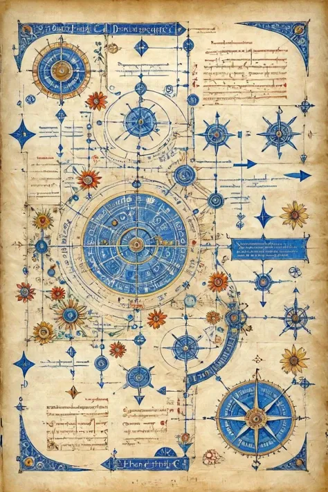 <lora:ParchartXL-1.5:1>,ON PARCHMENT,INK ILLUSTRATION,bl3uprint,<lora:bl3uprint:1>,BIOMECH,<lora:Da_Vinci:0.8>,
A blueprint for a trip around the world,marked with arrows in detail the route and the means of transportation to be used,and accompanied by introductory pictures and text of some key areas,detailed and exquisite,painted on exquisite parchment,decorated with magic runes,flower patterns,grid lines,