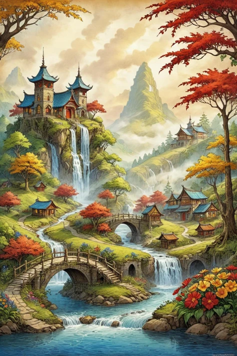 <lora:ParchartXL-1.5:1>,ON PARCHMENT,INK ILLUSTRATION,bl3uprint,<lora:bl3uprint:1>,
A blueprint describing the characteristics of the landscape,drawn on parchment,
medieval village,ornate,beautiful,atmosphere,vibe,mist,smoke,chimney,rain,well,wet,pristine,puddles,red and yellow flowers,icicles,melting,dripping,snow,creek,lush,ice,bridge,cart,orange,green,stained glass,forest,flowers,concept art illustration,color page,trending on artstation,Photorealism,often for highly detailed representation,photographic accuracy,or visual illusion. in Brooding landscapes,epic scale,German myth,layered symbolic density,
Looking out here,the dragon gas in front of us,every one of the mountains seems to have a god,and tens of thousands of mountains are braving a rich aura,
This is amazing,in the outside world any sacred mountain is precious,but in this place,there are enough tens of thousands of side by side,grand and open,
The mountain is wrapped with fairy mist,tens of thousands of them together,called magnificent,
This is a wonder,a sight can not see the end,silver waterfall hanging,hanging island is located,Rui birds and auspicious animals,this is a fairy home pure land,