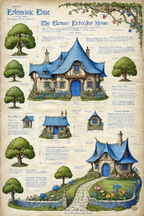 <lora:ParchartXL-1.5:1>,ON PARCHMENT,INK ILLUSTRATION,bl3uprint,<lora:bl3uprint:1>,
A detailed blueprint for the construction of an elf garden,a fairytale-style wooden house,a large number of flowers,flower borders,stone roads,low bridges,detailed labeling text,grid lines,