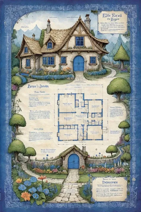 <lora:ParchartXL-1.5:1>,ON PARCHMENT,INK ILLUSTRATION,bl3uprint,<lora:bl3uprint:1>,
A detailed blueprint for the construction of an elf garden,a fairytale-style wooden house,a large number of flowers,flower borders,stone roads,low bridges,detailed labeling text,grid lines,