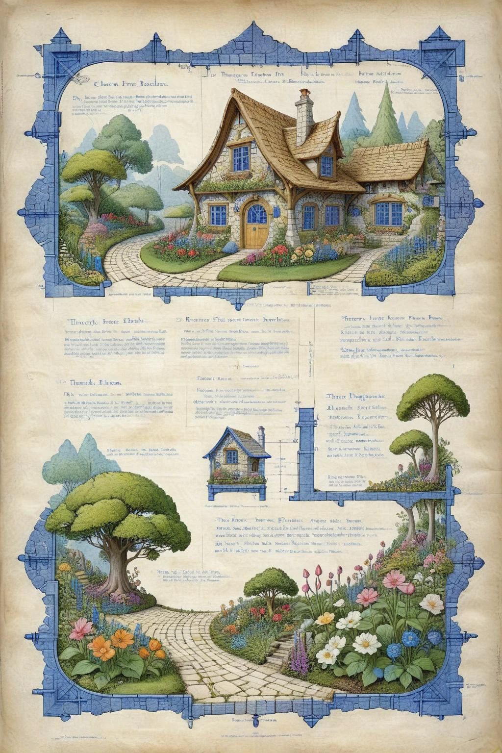<lora:ParchartXL-1.5:1>,ON PARCHMENT,INK ILLUSTRATION,bl3uprint,<lora:bl3uprint:1>,
A detailed blueprint for the construction of an elf garden,a fairytale-style wooden house,a large number of flowers,flower borders,stone roads,low bridges,detailed labeling text,grid lines,