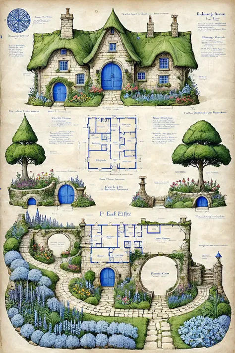 <lora:ParchartXL-1.5:1>,ON PARCHMENT,INK ILLUSTRATION,bl3uprint,<lora:bl3uprint:1>,
A detailed blueprints for an elf garden,fairy-tale stone houses,lots of flowers,flower borders,stone roads,low bridges,low stone walls,detailed markings,grid lines,