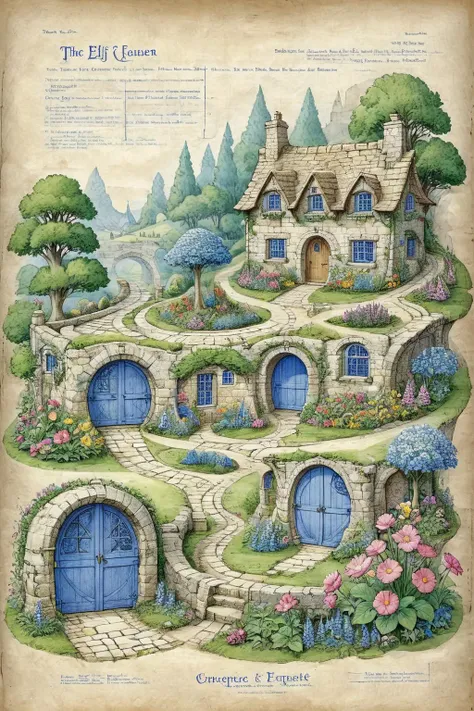 <lora:ParchartXL-1.5:1>,ON PARCHMENT,INK ILLUSTRATION,bl3uprint,<lora:bl3uprint:1>,
A detailed blueprints for an elf garden,fairy-tale stone houses,lots of flowers,flower borders,stone roads,low bridges,low stone walls,detailed markings,grid lines,