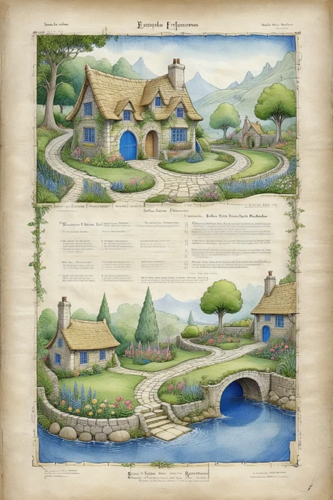 <lora:ParchartXL-1.5:1>,ON PARCHMENT,INK ILLUSTRATION,bl3uprint,<lora:bl3uprint:1>,
A detailed blueprints for an elf garden,fairy-tale stone houses,lots of flowers,flower borders,stone roads,low bridges,low stone walls,swimming pools,detailed markings,grid lines,