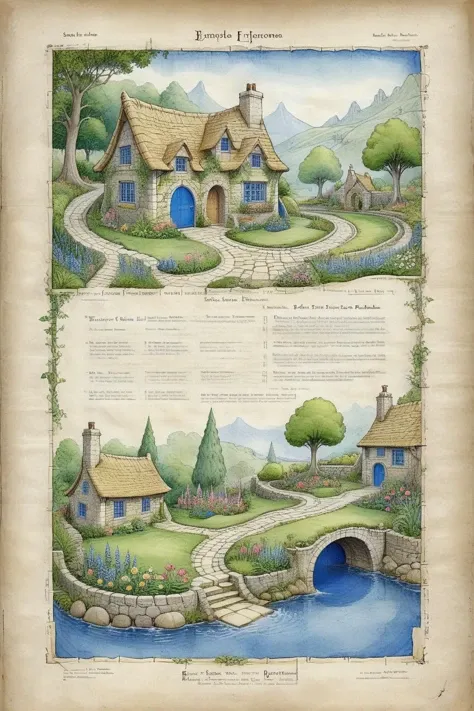 <lora:ParchartXL-1.5:1>,ON PARCHMENT,INK ILLUSTRATION,bl3uprint,<lora:bl3uprint:1>,
A detailed blueprints for an elf garden,fairy-tale stone houses,lots of flowers,flower borders,stone roads,low bridges,low stone walls,swimming pools,detailed markings,grid lines,