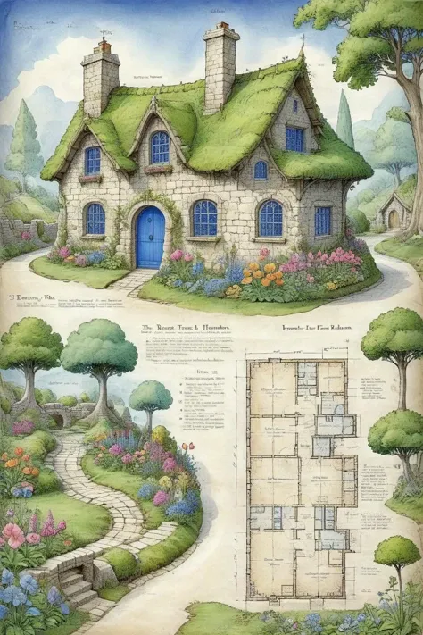 <lora:ParchartXL-1.5:1>,ON PARCHMENT,INK ILLUSTRATION,bl3uprint,<lora:bl3uprint:1>,
A detailed blueprints for an elf garden,fairy-tale stone houses,lots of flowers,flower borders,stone roads,low bridges,low stone walls,swimming pools,detailed markings,grid lines,