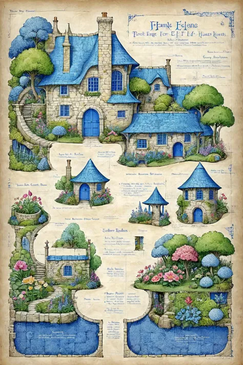 <lora:ParchartXL-1.5:1>,ON PARCHMENT,INK ILLUSTRATION,bl3uprint,<lora:bl3uprint:1>,
A detailed blueprints for an elf garden,fairy-tale stone houses,lots of flowers,flower borders,stone roads,low bridges,low stone walls,swimming pools,detailed markings,grid lines,