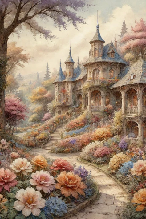 ON PARCHMENT,INK ILLUSTRATION,<lora:ParchartXL-1.5:1>,Ultra detailed palette knife art,art by Thomas Kinkade,majestic dreamlike floral garden,close-up,within the frame,fantasy art,filigree,warm colors,beautiful pastel colors,blooming watercolor technique,salt watercolor technique,(impasto),(volumetric),(parametric art:1.5),particles,elements,beautiful,award-winning masterpiece,intricately detailed,highly detailed environment,best quality,award winning illustration,