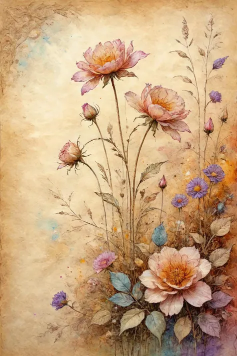 ON PARCHMENT,INK ILLUSTRATION,<lora:ParchartXL-1.5:0.9>,
Ultra detailed palette knife art,art by Thomas Dewing,majestic dreamlike floral garden,close-up,within the frame,fantasy art,filigree,warm colors,beautiful pastel colors,blooming watercolor technique,salt watercolor technique,(impasto),(volumetric),(parametric art:1.5),particles,elements,beautiful,award-winning masterpiece,intricately detailed,highly detailed environment,best quality,award winning illustration,